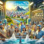 Trabajadores de planta hidroeléctrica sonrientes