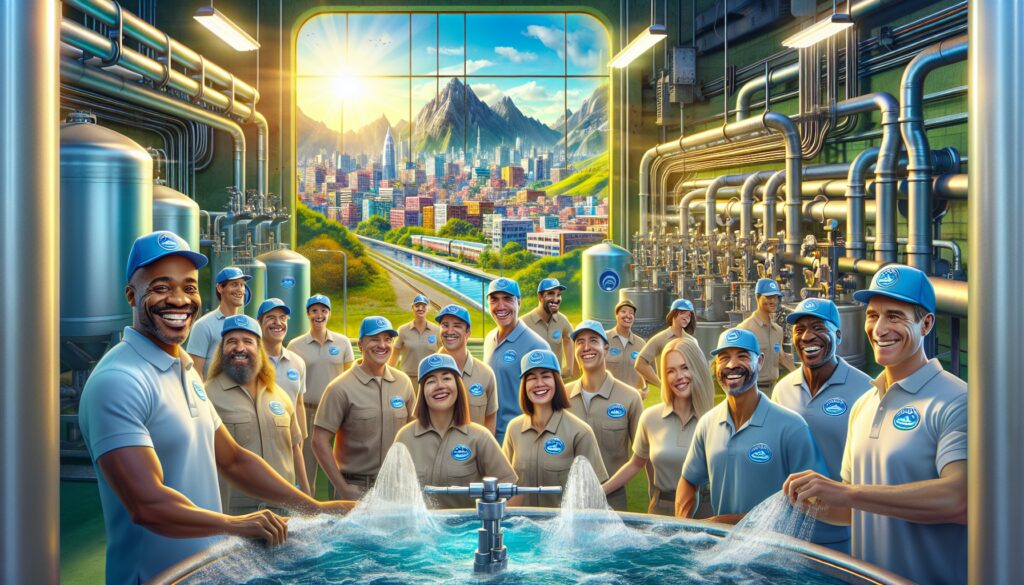 Trabajadores de planta hidroeléctrica sonrientes