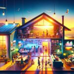 Casa moderna en el campo con paneles solares.