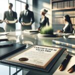 Reunión de negocios en oficina con documentos legales.