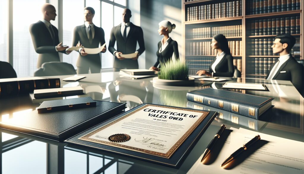 Reunión de negocios en oficina con documentos legales.