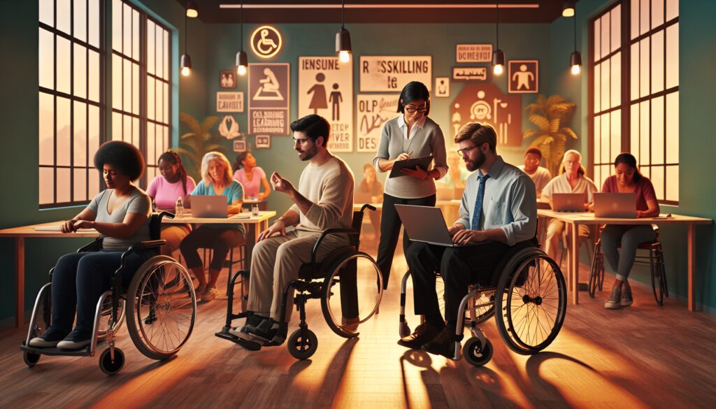 Personas en sillas de ruedas en aula de formación