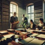 Reunión de abogados en una biblioteca