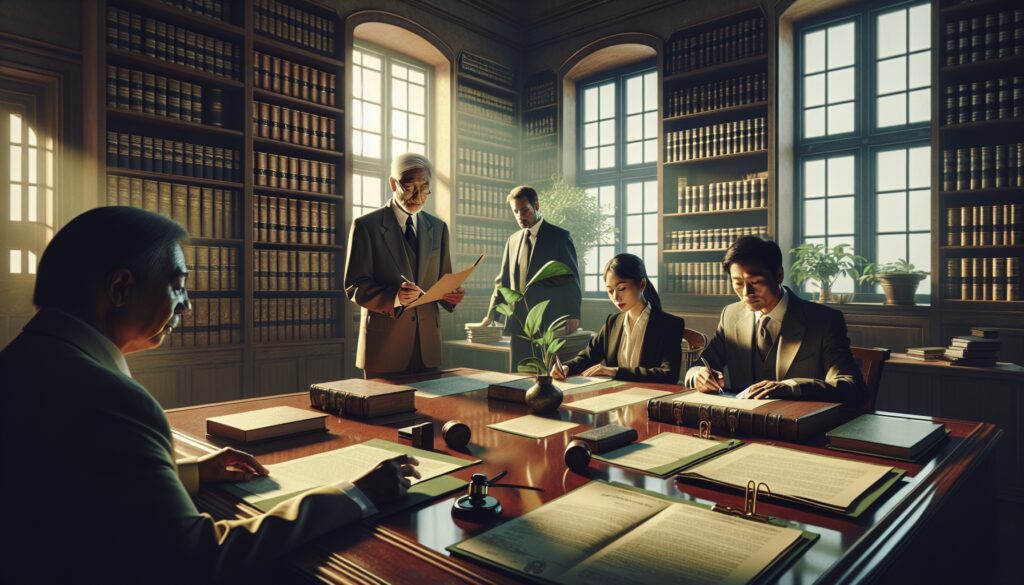 Reunión de abogados en una biblioteca