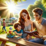 Familia leyendo en un parque soleado con niños jugando