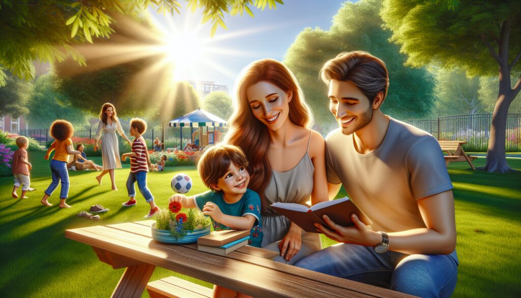 Familia leyendo en un parque soleado con niños jugando