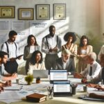 Reunión de equipo analizando documentos y gráficos.