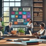 Reunión de trabajo en oficina con planificación en la pared