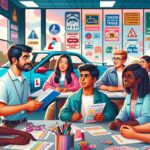 Instructor de autoescuela enseñando a estudiantes en un aula