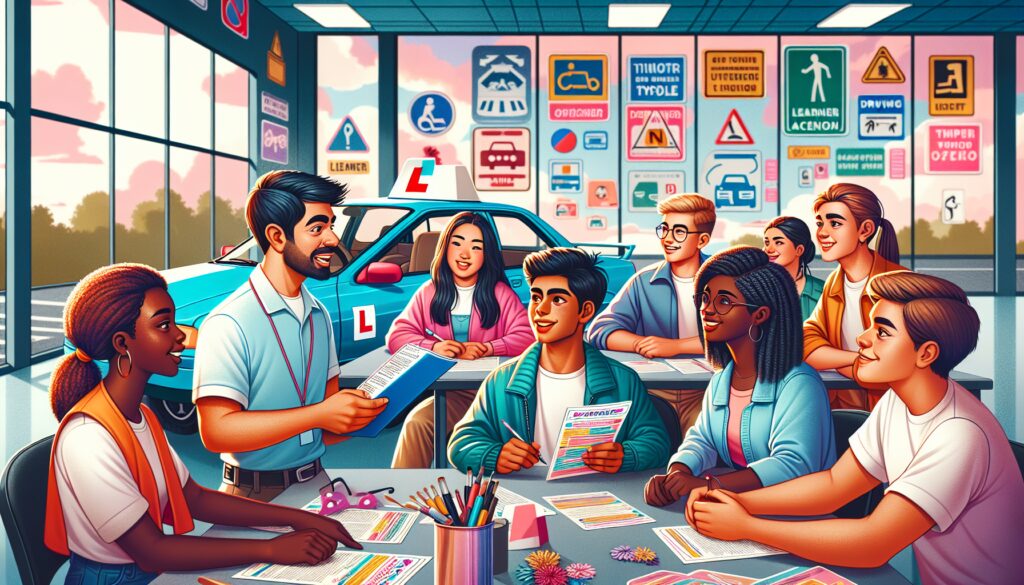 Instructor de autoescuela enseñando a estudiantes en un aula