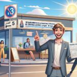 Hombre feliz con licencia de conducir frente a oficina.