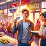 Joven recibiendo licencia de conducir en oficina.