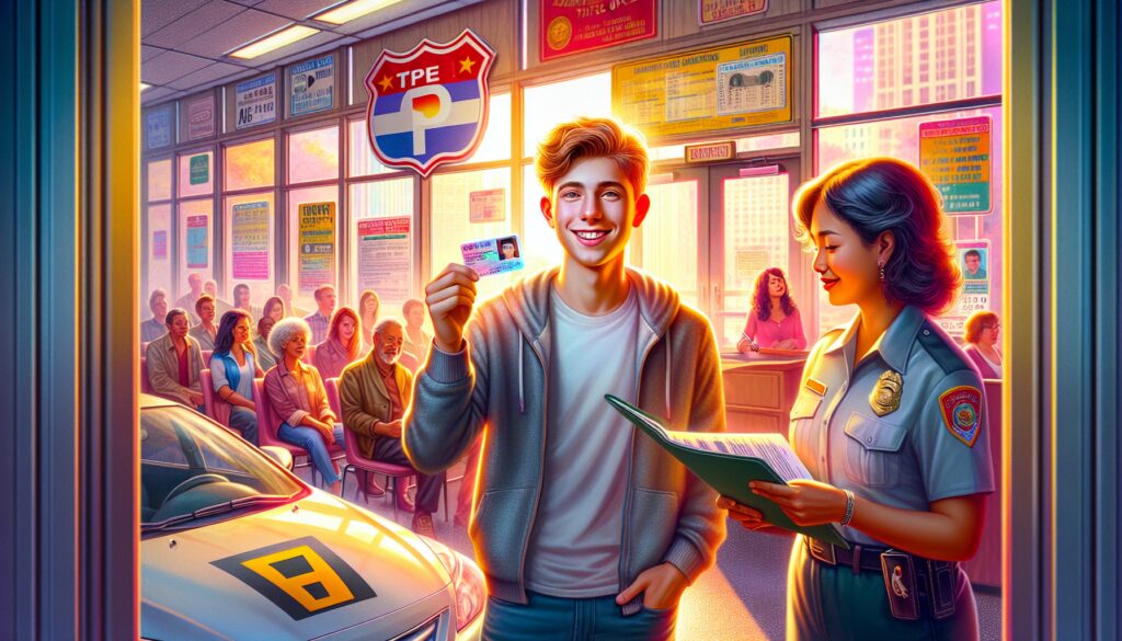 Joven recibiendo licencia de conducir en oficina.