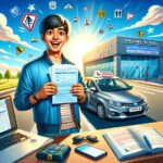 Escuela de conducir, estudiante feliz con certificado