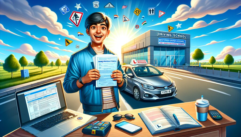 Escuela de conducir, estudiante feliz con certificado