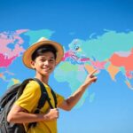 Niño señalando mapa mundial con sombrero y mochila.