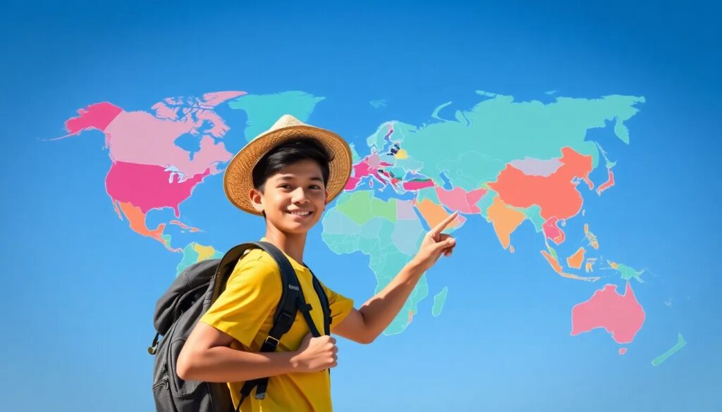 Niño señalando mapa mundial con sombrero y mochila.