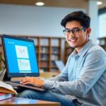 Estudiante sonriente usando portátil en biblioteca