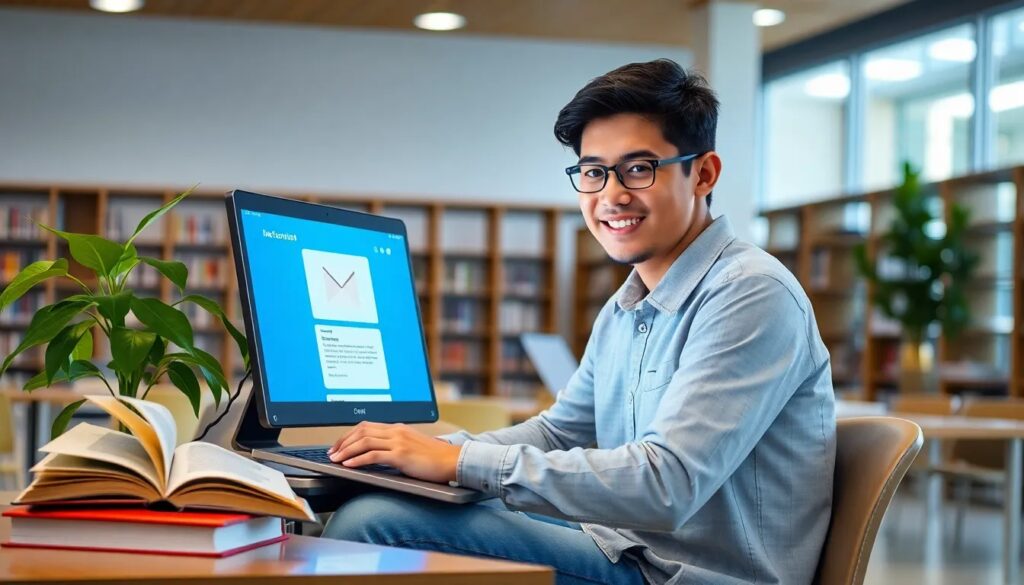 Estudiante sonriente usando portátil en biblioteca