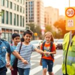 Policía ayudando a niños a cruzar la calle.