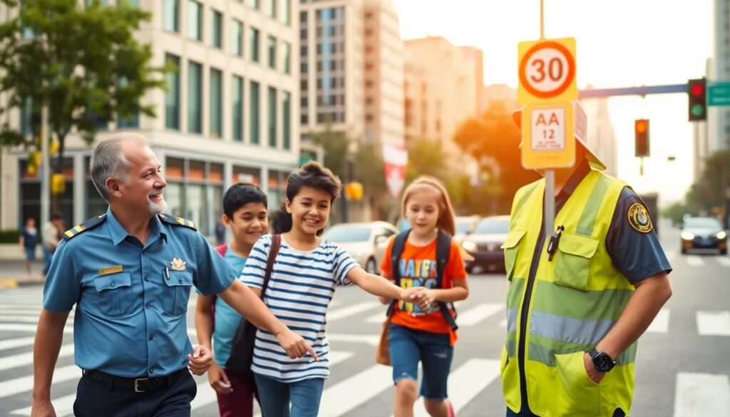 Policía ayudando a niños a cruzar la calle.