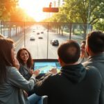 Grupo disfrutando de atardecer en un autobús moderno.