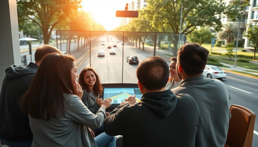 Grupo disfrutando de atardecer en un autobús moderno.