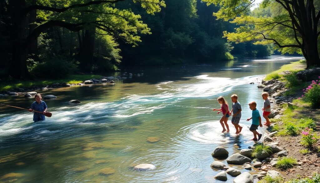 Niños jugando en el río entre árboles frondosos.