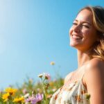 Mujer sonriente entre flores bajo el sol