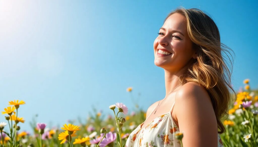 Mujer sonriente entre flores bajo el sol