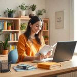 Mujer estudiando en escritorio con libros y plantas.
