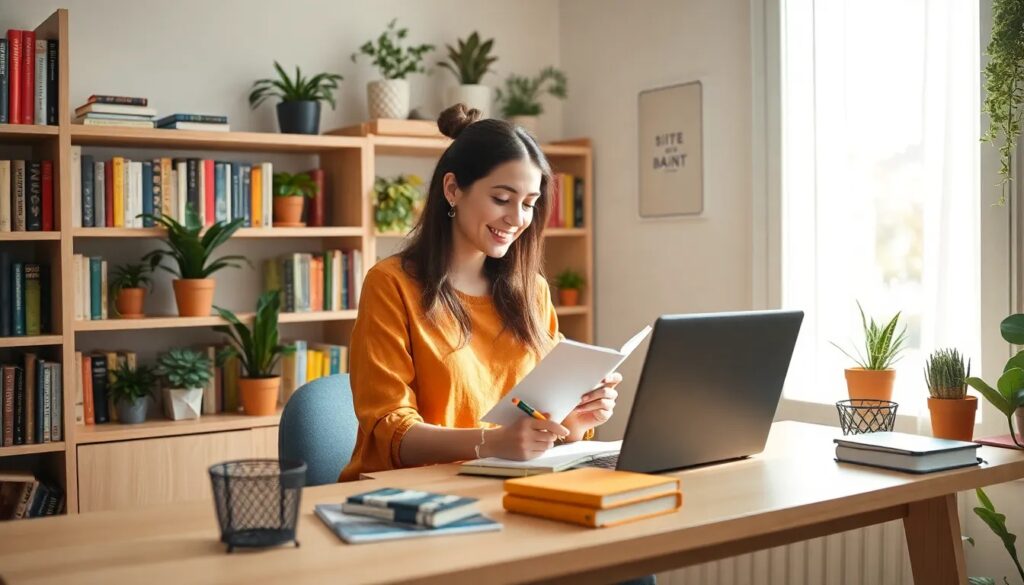 Mujer estudiando en escritorio con libros y plantas.