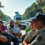Personas en coche descapotable entre tráfico urbano