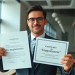Hombre con certificados improvisados en oficina moderna.