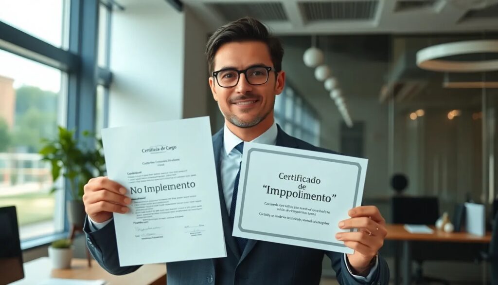 Hombre con certificados improvisados en oficina moderna.
