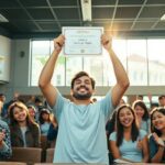 Estudiante celebra obtención de diploma en aula con amigos.