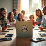 Personas en reunión con portátiles y móviles alrededor