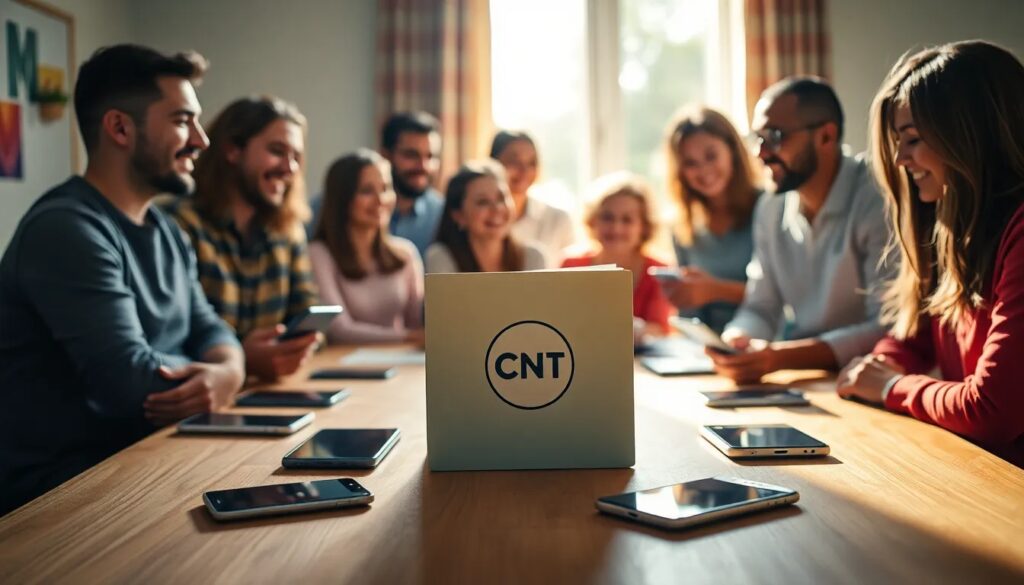 Personas en reunión con portátiles y móviles alrededor