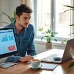 Hombre trabajando en ordenador portátil en oficina moderna.