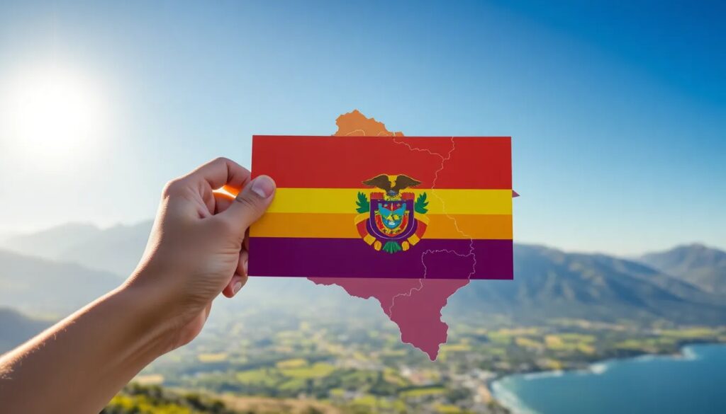 Mapa de Bolivia con su bandera sobre paisaje montañoso.