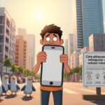 Caricatura chico con móvil y texto sobre bloqueo.