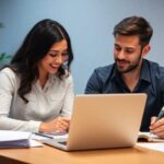 Pareja trabajando juntos en oficina, sonríen frente a laptop.