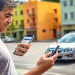 Hombre usando dos móviles en la calle
