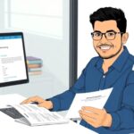 Hombre trabajando en oficina con documentos y ordenador.