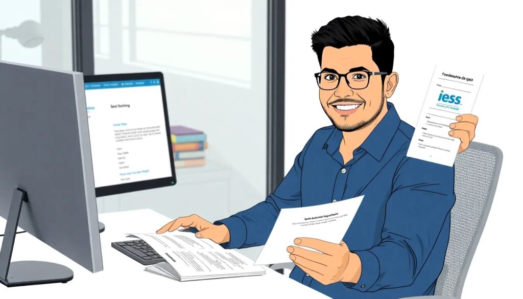Hombre trabajando en oficina con documentos y ordenador.