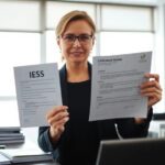 Mujer mostrando documentos en oficina con bibliotecas