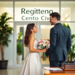 Pareja sonriente casándose en oficina de registro civil.