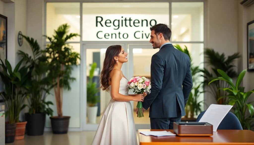 Pareja sonriente casándose en oficina de registro civil.