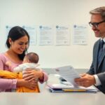 Mujer sonríe abrazando bebé en oficina.