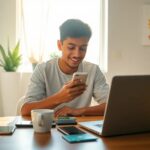 Hombre usando móvil y portátil en casa.